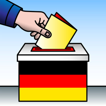 Germany, ballot box, flag and hand inserting a ballot paper into a ballot box, vector illustration