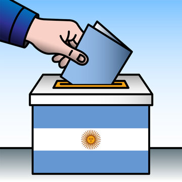 Argentina, ballot box, flag and hand inserting a ballot paper into a ballot box, vector illustration