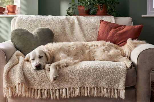 A cheerful and bright photo of a sweet dog on a cozy sofa, covered with a cream-colored blanket and a heart-shaped cushion.