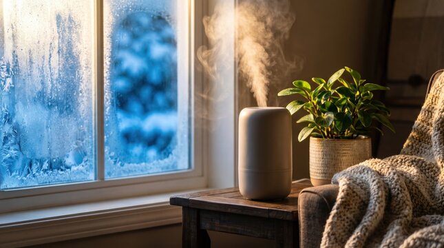 Compact humidifier releases visible mist beside a green houseplant and knitted blanket near a frosted winter window in a cozy home