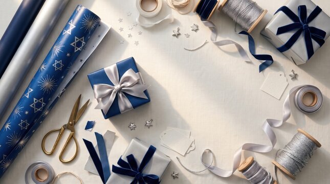 Wrapped blue and silver Hanukkah gifts with ribbon, paper rolls and scissors form an orderly overhead scene focused on finished presents