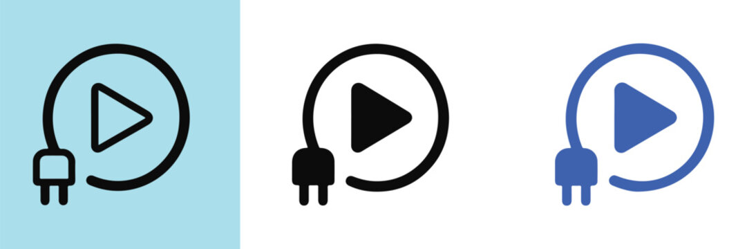 plug and play icon. Plug and play icon Simple thin outline. Plug and play multimedia connection icon set with power electric cable and player button
