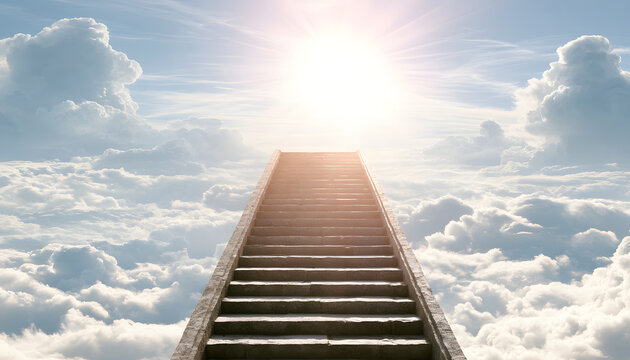 Stone stairs ascend into bright sunlit clouds, creating a pathway to heaven. A spiritual ascent toward divine light symbolizes faith, hope, and afterlife.