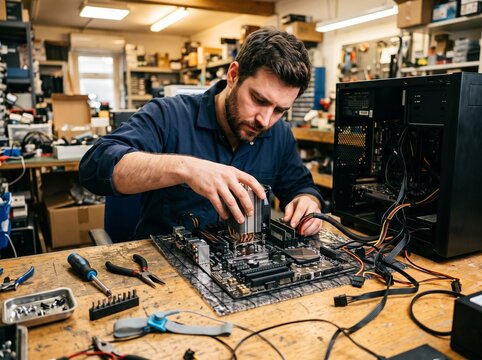 Skilled technician carefully installing a CPU cooler onto a computer motherboard in a workshop