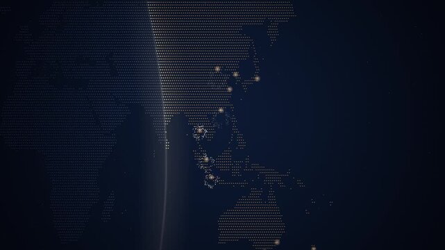 Camera follows midnight over a golden dotted world map with fireworks