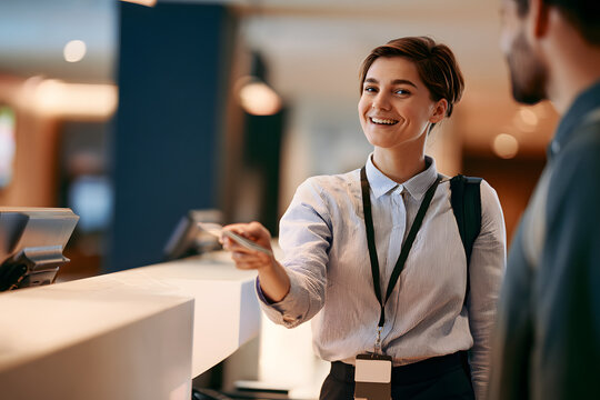 Hotel receptionist is assisting the guest with check-in service