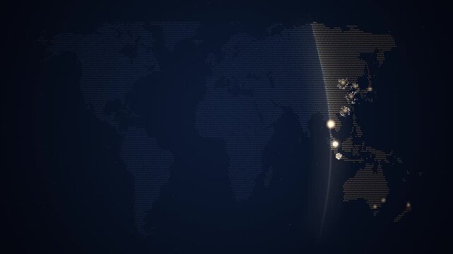Midnight sweeping across a dotted world map with fireworks in gold