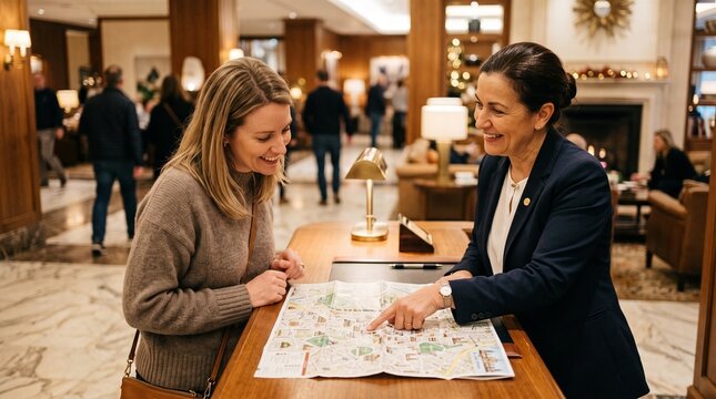 Hotel receptionist helps a guest with a map at the front desk in a lobby