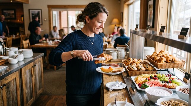 Woman choosing a croissant from a breakfast buffet with fresh fruit and pastries