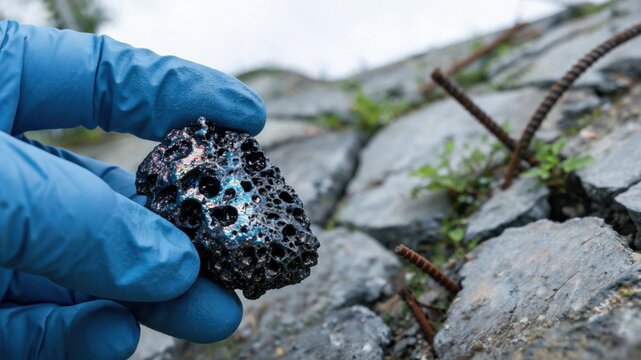 A gloved hand holds an iridescent vitrified slag sample near overgrown cracked concrete slabs and rusted rebar, concept of brownfield environmental site assessment and contaminated land testing