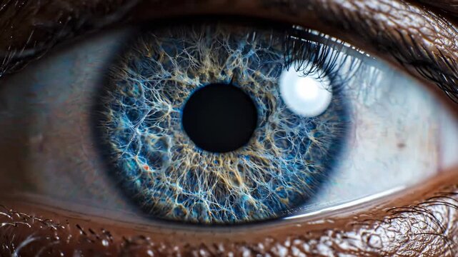 Extreme Macro Human Eye with intricate blue iris patterns and detailed skin texture ideal for medical documentaries and sci-fi visual effects.