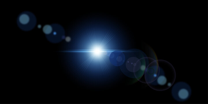 Dramatic blue lens flare with light streaks on a black background