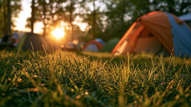 Camping tents on a grassy field at sunrise with warm golden light. Ideal for summer outdoor travel and nature adventure concepts.