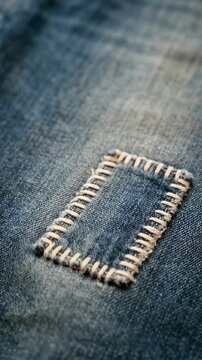 Worn blue denim surface revealing a handmade rectangular patch with thick white threads for eco friendly textile repair