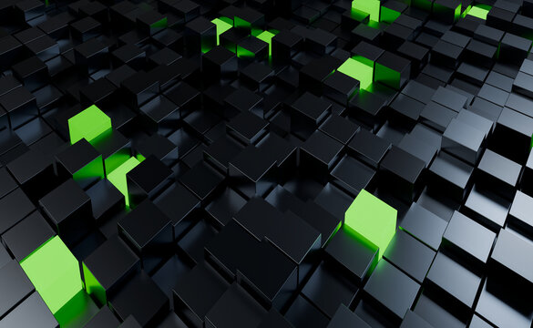 Low angle across a 3D cube landscape with green lights