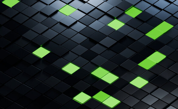Tilted 3D titanium grid dotted with bright green squares