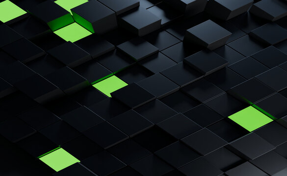 Sparse 3D green tiles glowing on a dark block field