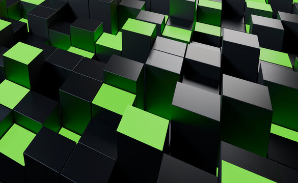 Close-up of uneven 3D cubes in graphite and green