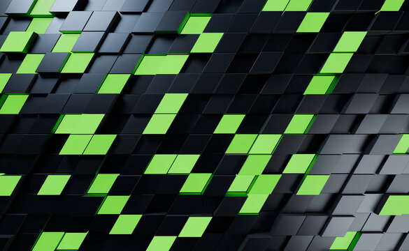 Diagonal 3D grid of black and lime square tiles