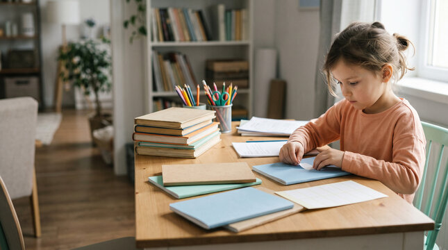 Young girl focused on homework at a wooden desk with books and stationery