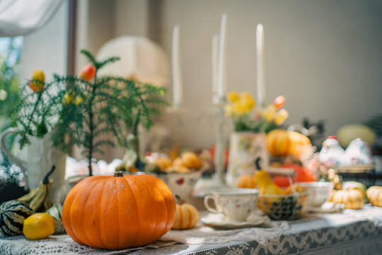 large orange pumpkin on lace tablecloth with teacup and floral decoration, cozy autumn indoor setting featuring seasonal squash holiday harvest arrangement