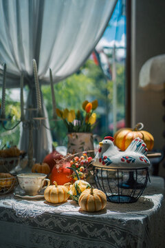 autumn harvest table setting with orange pumpkins near bright window, cozy fall indoor halloween arrangement featuring ceramic chicken candlestick
