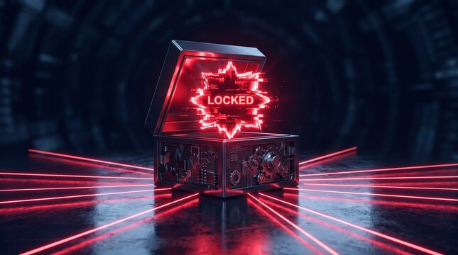 Locked glowing neon chest with digital circuit patterns on dark reflective floor