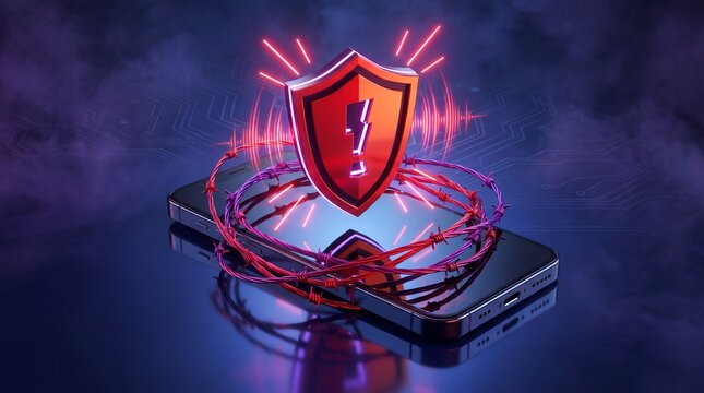 Glowing shield with exclamation mark on smartphone surrounded by barbed wire