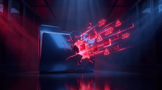 Shattered digital folder with glowing red data icons in dark server room