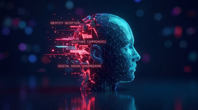 Digital human head with deepfake compromise text and glitch effects