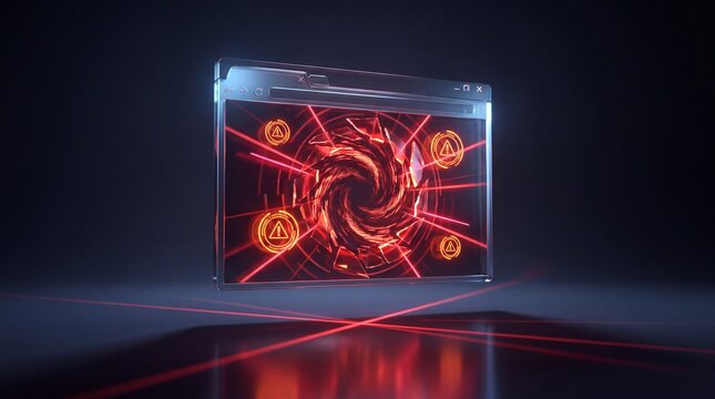 Browser window with glowing red warning signs and digital vortex