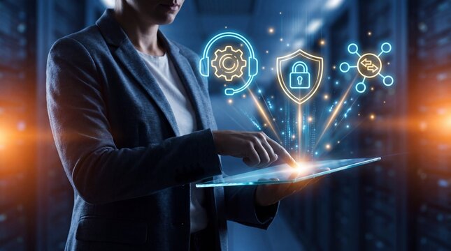 Professional using tablet with cybersecurity and network support neon icons