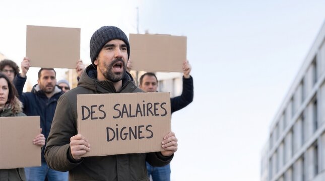 Protester holding a French placard demanding decent wages