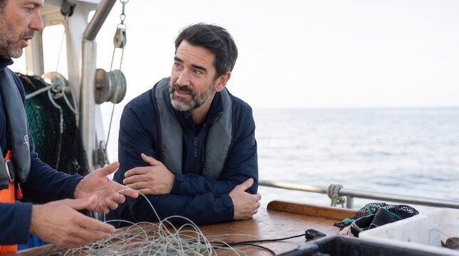 Anglers discussing line preparation at a boat worktable