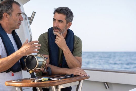 Man considering advice about a fishing rod and reel