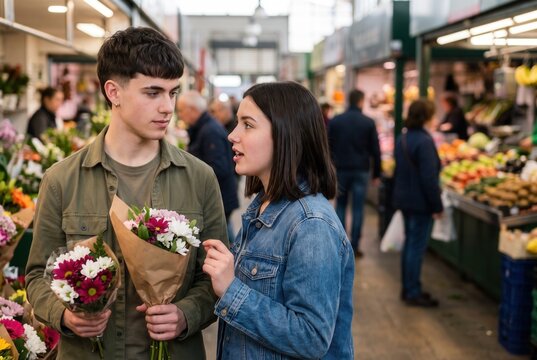 Teenage couple choosing flowers at a market stall