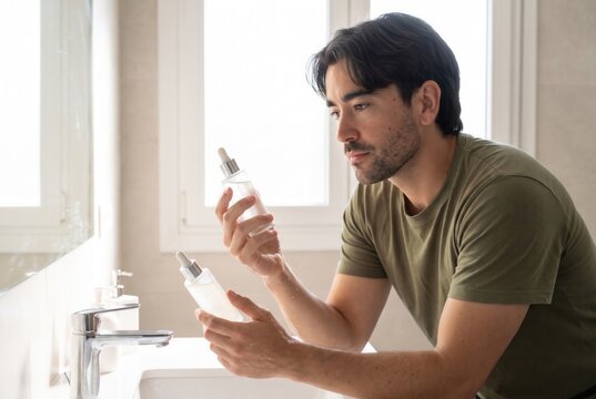 Young man checking a skincare product beside a bathroom mirror