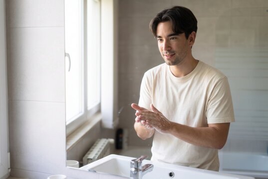 Young man preparing his hands for a facial skincare routine