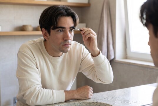Young man grooming his eyebrows in front of a mirror