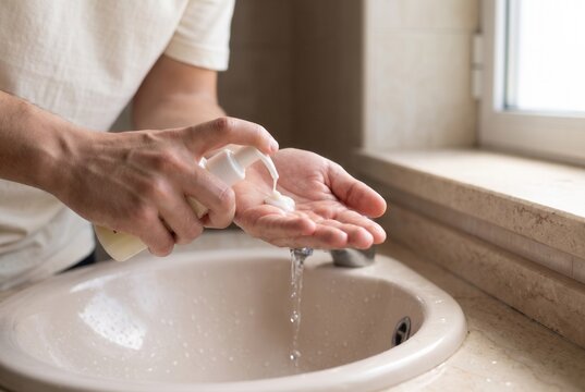 Close up of hands dispensing a facial skincare product