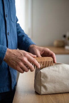 Hands placing a comb in a toiletry bag