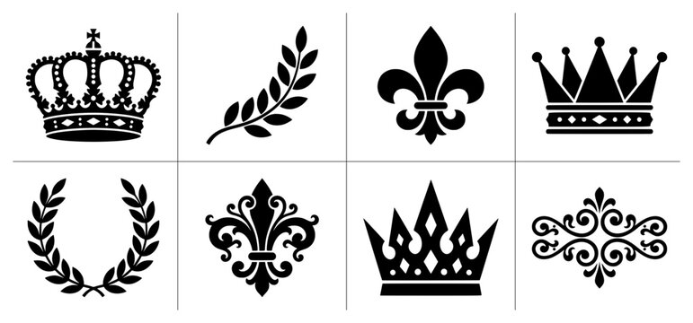 Royal emblems set with crowns, fleur-de-lis and laurel wreath for heraldry or logos