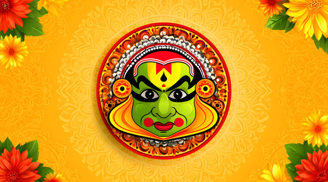 In the backdrop of the Kathakali face mask during the onam festival celebration, floral decorations add to the festive atmosphere