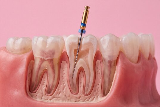 Root canal treatment concept with endodontic file inside molar tooth cross section on pink background