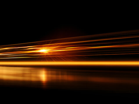 Horizontal golden light lines reflect on a dark surface, bright orange light streaks burst with glowing speedline trails