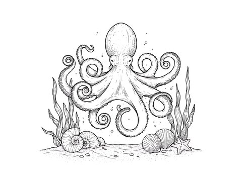 Curious octopus peeking from underwater seaweed with shells