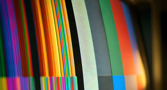 A vintage television test pattern featuring vibrant vertical stripes and grayscale squares, reminiscent of retro broadcast signals and old-school TV calibrations, nostalgic media presentation, and an 