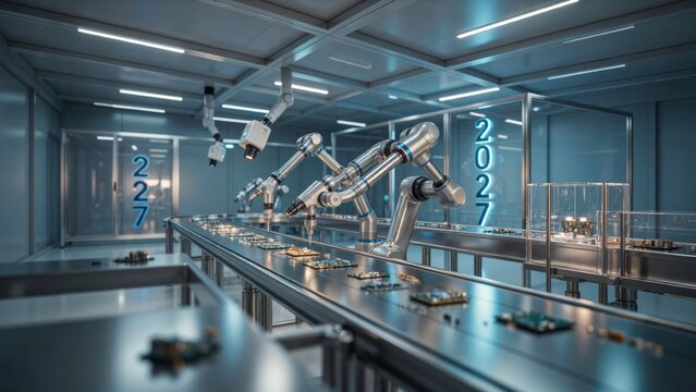 Robotic arms working on a modern automated factory line