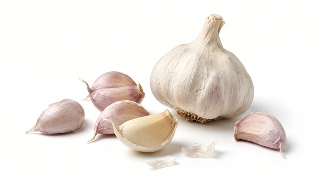 Fresh garlic bulb and several peeled cloves on a surface