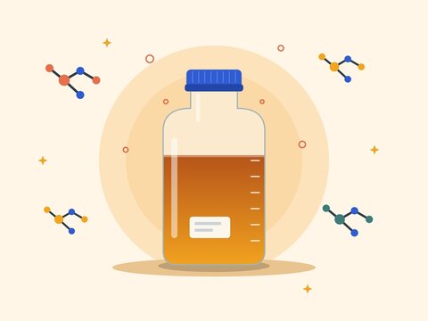 Minimalist illustration of chemical reagent bottle with molecule icons, science concept